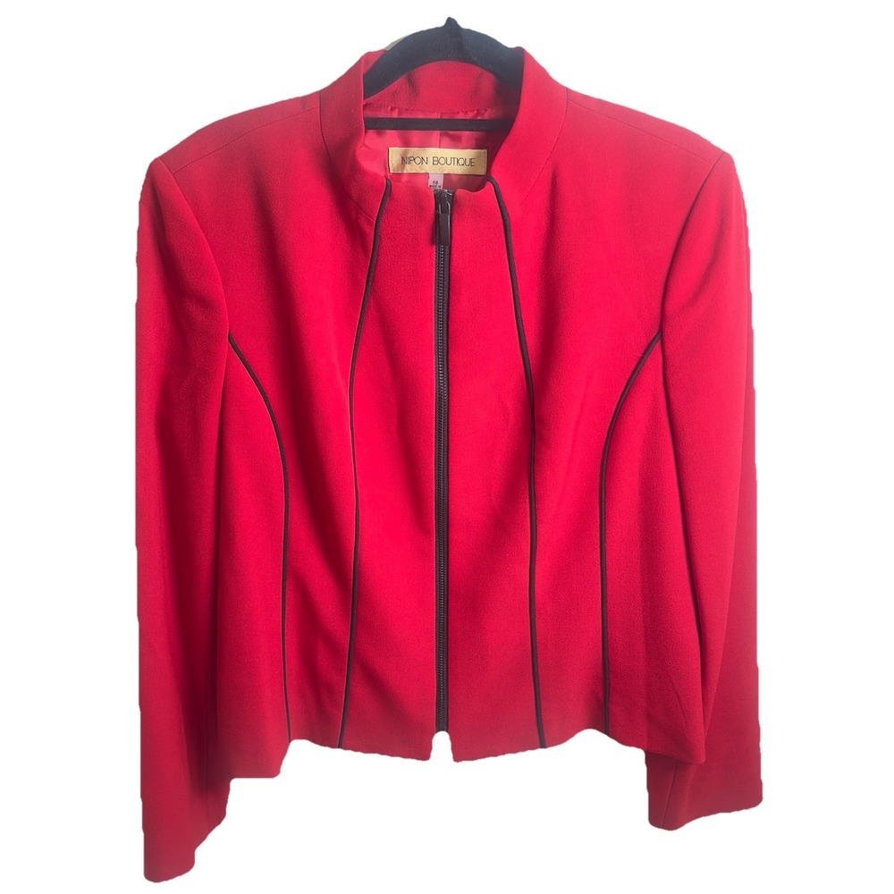 Vintage Nipon Boutique Red‎ Zip Blazer Jacket Black Piping Size 10 Shoulder Pads